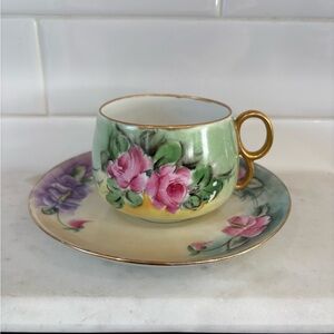 Floral Porcelain Tea Cup and Saucer Set Handpainted signed